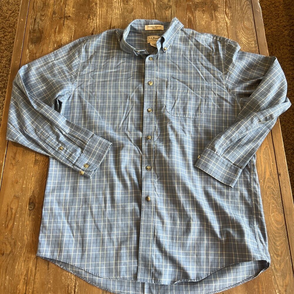 LL Bean Men’s Large Button Shirt Cotton Wrinkle Resistant Trim Fit Blue Plaid